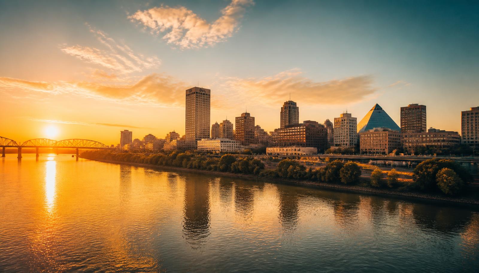 Golden-hour view of the Memphis skyline across the Mississippi River